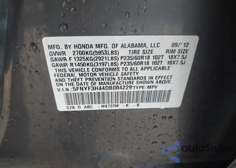 2013 Honda Pilot Ex z USA, uszkodzony, nr VIN 5FNYF3H44DB004229